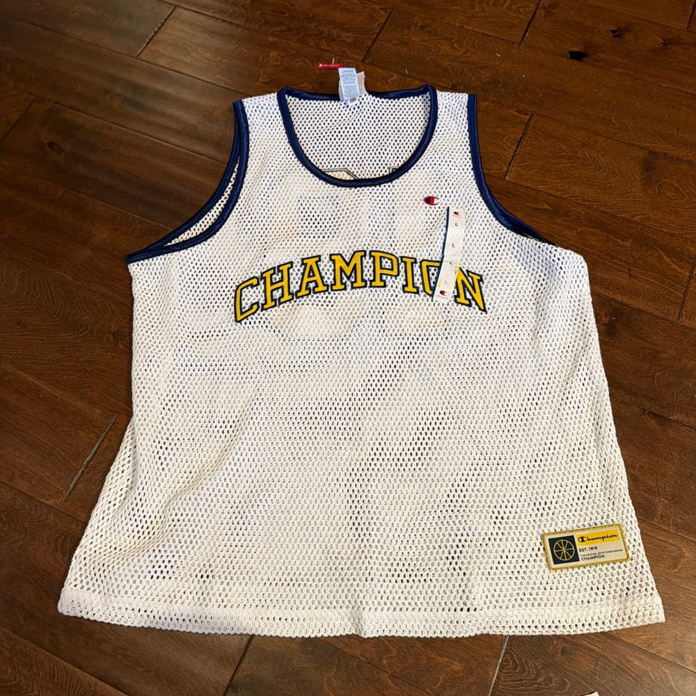 Champion Mens Mesh Basketball Jersey White Navy Yellow Tank Top Large